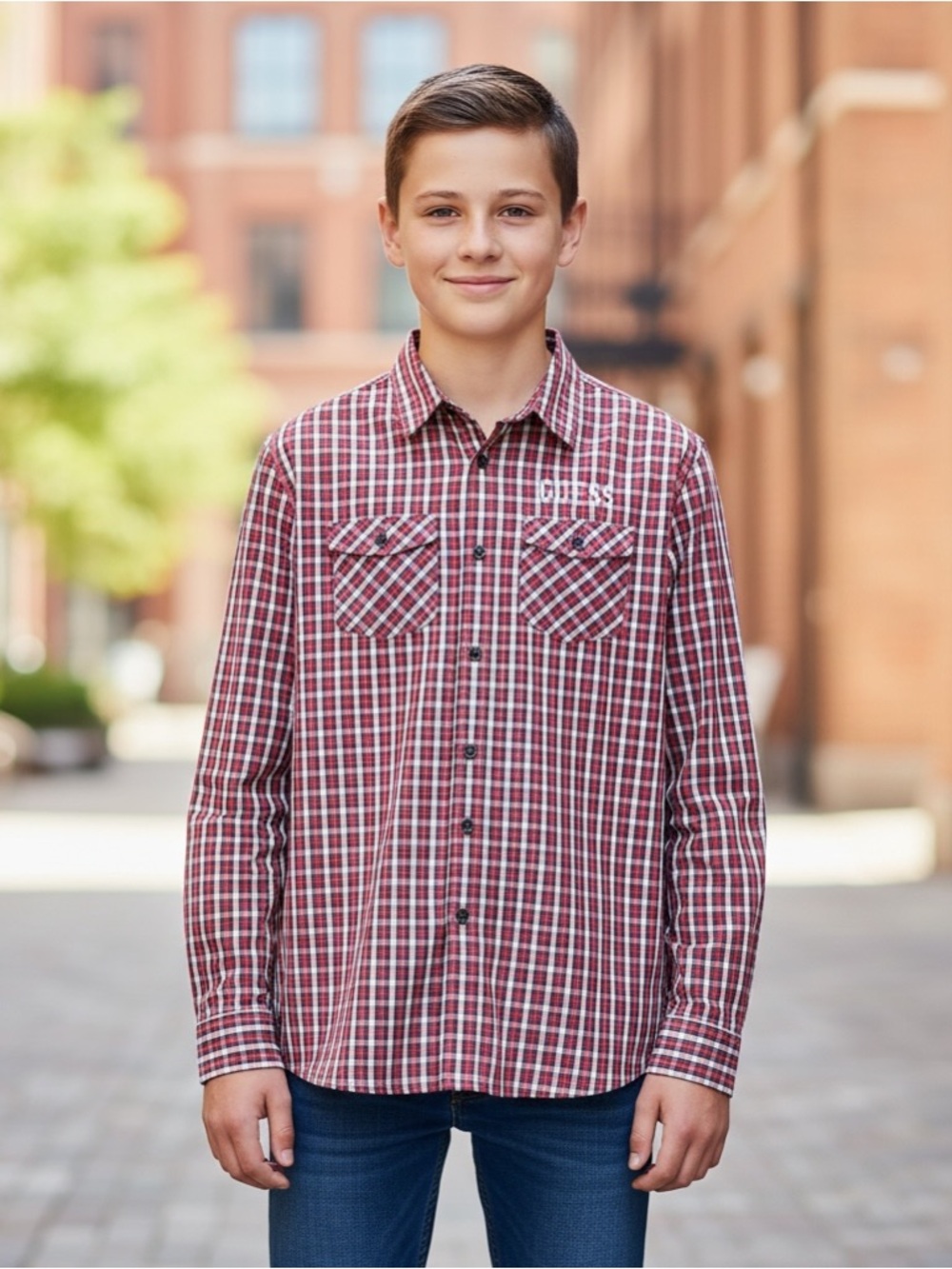 NWT Guess Boys Red Plaid‎ Button-Down Long Sleeve Shirt Western Country Style